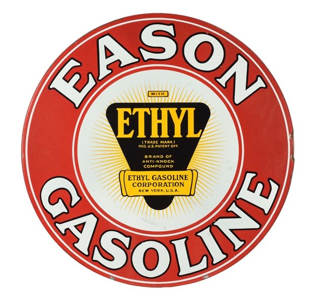 EASON GASOLINE PORCELAIN CURB SIGN WITH ETHYL BURST GRAPHIC.