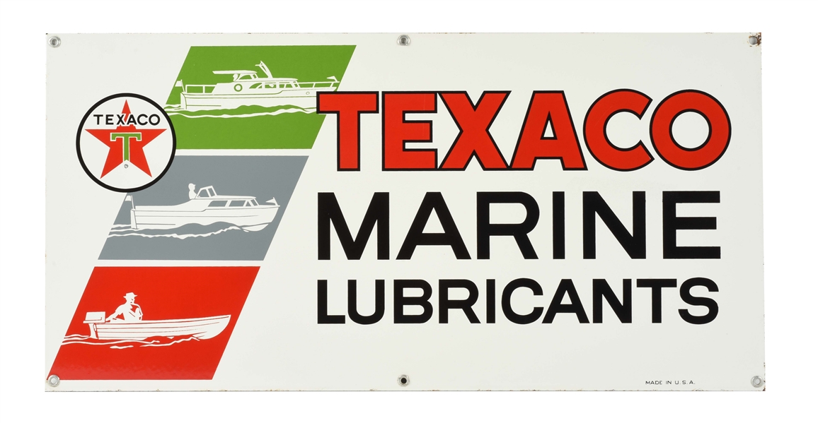 TEXACO MARINE LUBRICANTS PORCELAIN SIGN WITH BOAT GRAPHICS. 