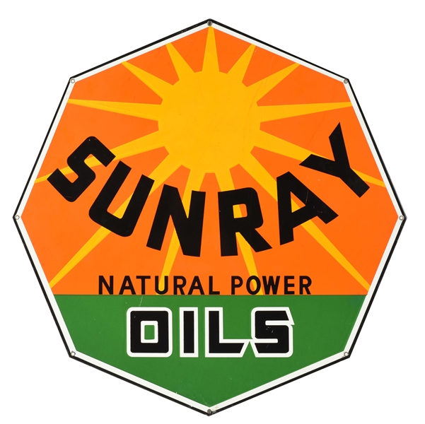 DX SUNRAY NATURAL POWER MOTOR OILS PORCELAIN CURB SIGN.