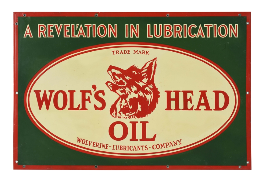RARE WOLFS HEAD MOTOR OIL PORCELAIN SIGN WITH WOLF GRAPHIC.