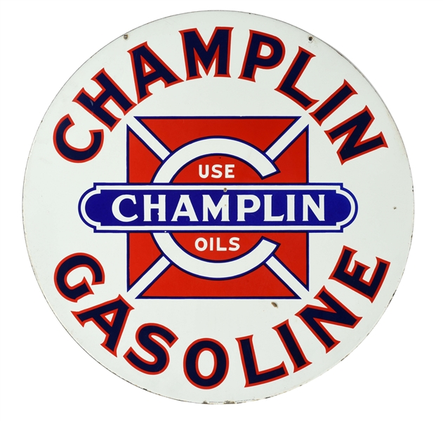 RARE CHAMPLIN GASOLINE & MOTOR OILS PORCELAIN CURB SIGN.