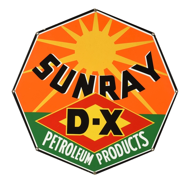 INCREDIBLE DX SUNRAY PETROLEUM PRODUCTS PORCELAIN CURB SIGN.