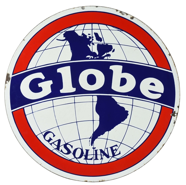 GLOBE GASOLINE PORCELAIN CURB SIGN WITH GLOBE GRAPHIC.