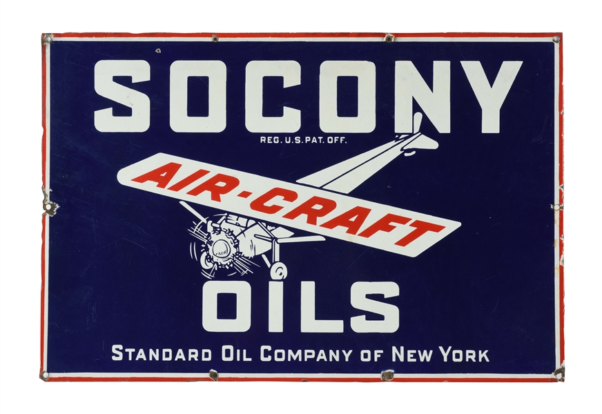 STANDARD OIL SOCONY AIRCRAFT OILS PORCELAIN SIGN WITH AIRPLANE GRAPHIC.