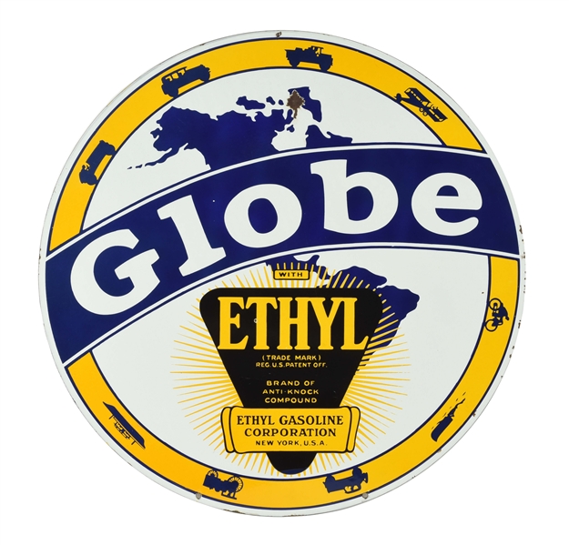 GLOBE ETHYL GASOLINE PORCELAIN CURB SIGN WITH VEHICLE GRAPHICS.