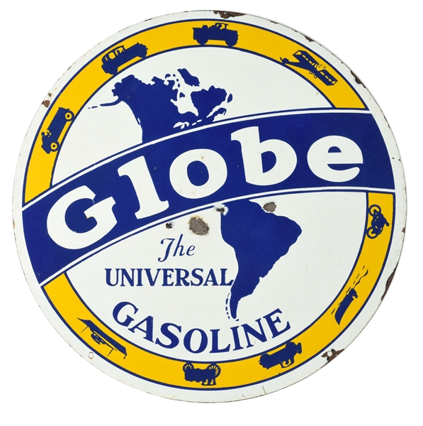 GLOBE THE UNIVERSAL GASOLINE PORCELAIN CURB SIGN WITH GLOBE & VEHICLE GRAPHICS.