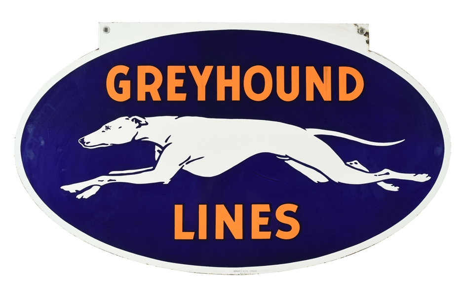 OUTSTANDING GREYHOUND BUS LINES PORCELAIN SIGN WITH GREYHOUND GRAPHIC.