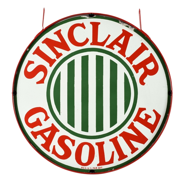 VERY RARE SINCLAIR GASOLINE 30" PORCELAIN CURB SIGN WITH BAR GRAPHIC.