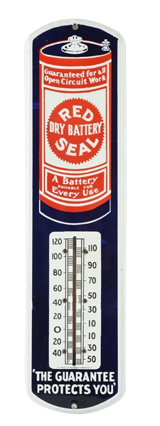 INCREDIBLE RED SEAL BATTERY PORCELAIN THERMOMETER WITH BATTERY GRAPHIC.