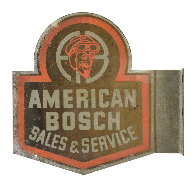 AMERICAN BOSCH AUTOMOTIVE PRODUCTS SALES & SERVICE TIN FLANGE SIGN.