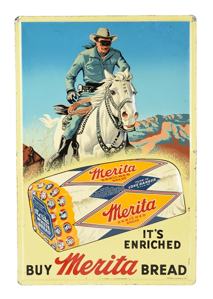 MERITA BREAD EMBOSSED TIN SIGN WITH EMBOSSED HORSE, RIDER & BREAD LOAF. 