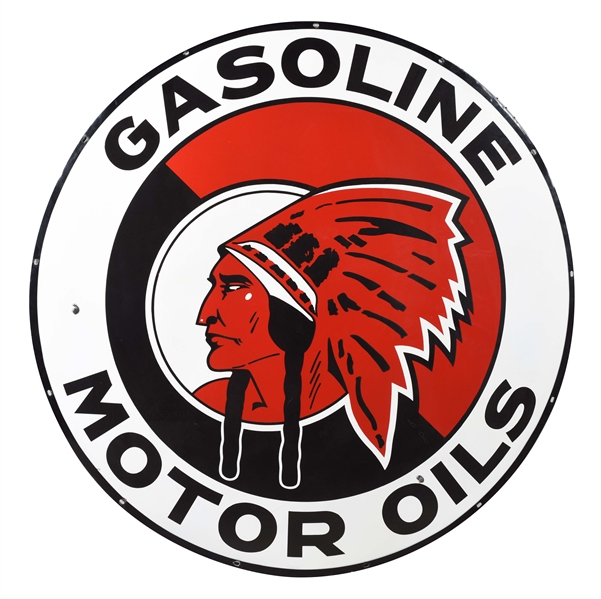 OUTSTANDING RED INDIAN GASOLINE & MOTOR OILS PORCELAIN SIGN.