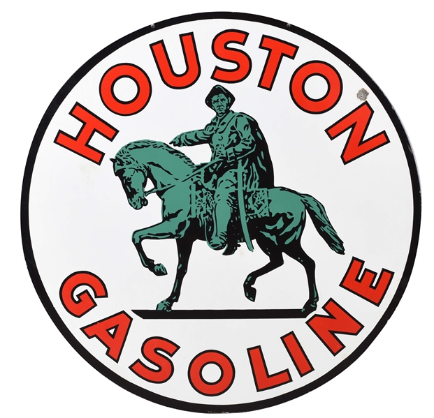 OUTSTANDING HOUSTON GASOLINE PORCELAIN SIGN WITH SAM HOUSTON GRAPHIC. 
