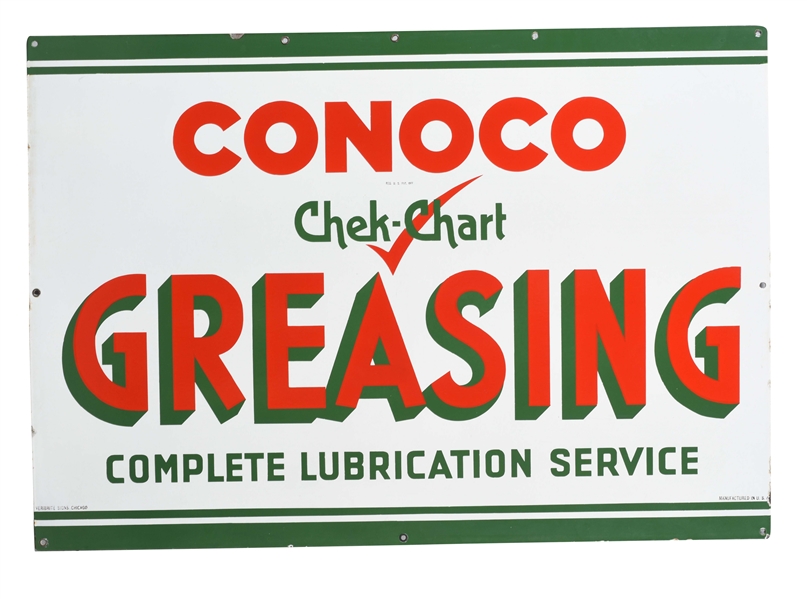 RARE CONOCO GASOLINE & MOTOR OIL CHEK-CHART GREASING & LUBRICATION PORCELAIN SIGN.