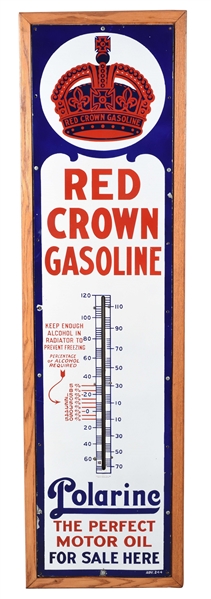 OUTSTANDING RED CROWN GASOLINE & POLARINE MOTOR OIL PORCELAIN THERMOMETER.