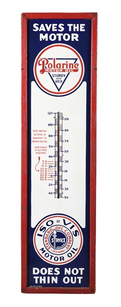 OUTSTANDING STANDARD POLARINE MOTOR OIL PORCELAIN THERMOMETER WITH ORIGINAL WOOD FRAME.