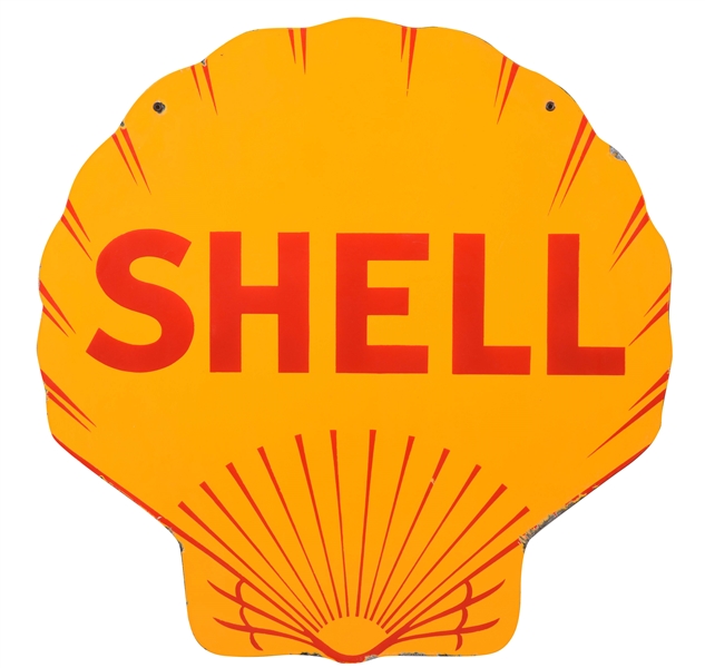 SHELL GASOLINE DIE CUT PORCELAIN CLAM SHELL SERVICE STATION SIGN. 