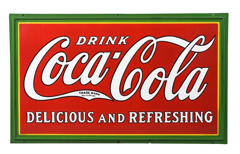 OUTSTANDING DRINK COCA COLA DELICIOUS & REFRESHING PORCELAIN SIGN WITH SELF FRAMED EDGE. 