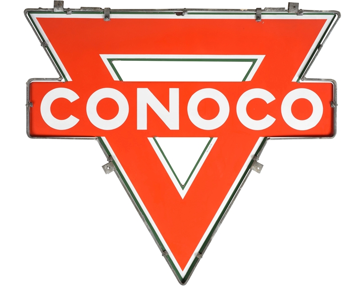 OUTSTANDING CONOCO GASOLINE PORCELAIN TRIANGLE SIGN WITH ORIGINAL METAL BRACKET.