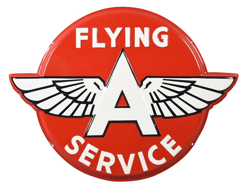 OUTSTANDING FLYING A GASOLINE SERVICE EMBOSSED PORCELAIN BUTTON SIGN.