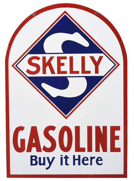 OUTSTANDING SKELLY GASOLINE & TAGOLINE MOTOR OILS PORCELAIN TOMBSTONE CURB SIGN.