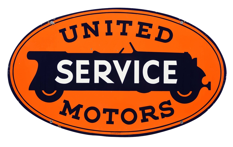 UNITED MOTOR SERVICE PORCELAIN SIGN WITH TOURING CAR GRAPHIC.