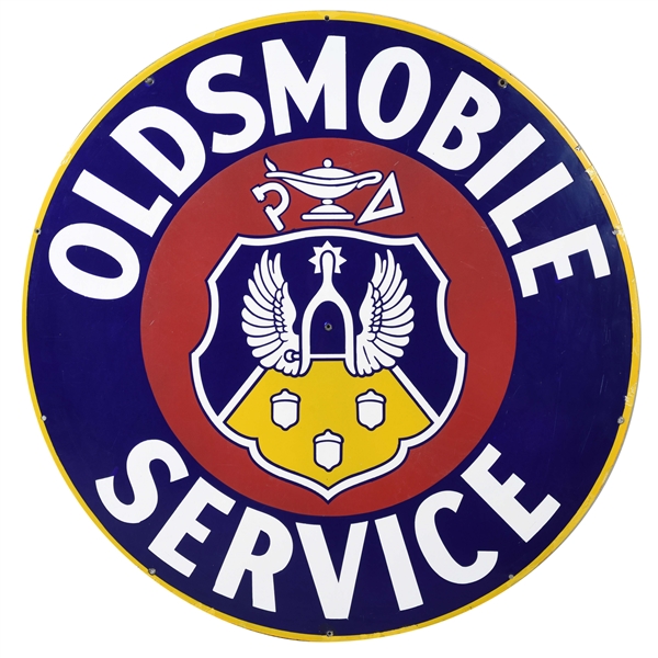 OLDSMOBILE SERVICE PORCELAIN SIGN WITH CREST GRAPHIC.