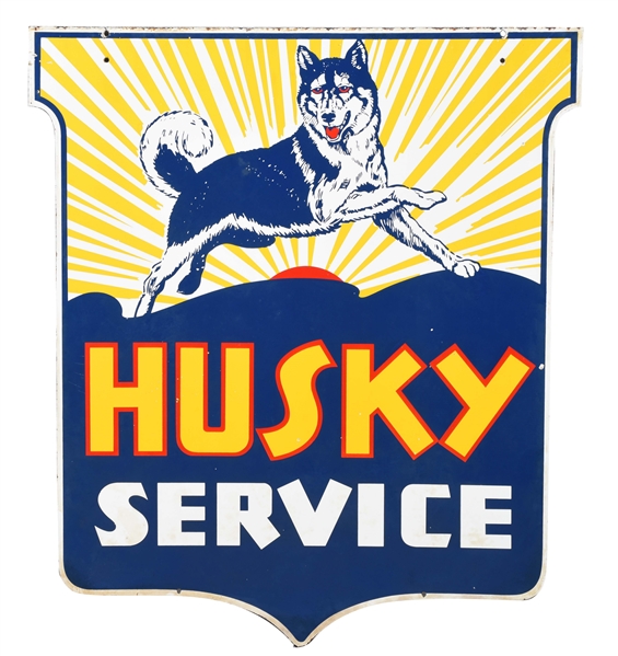 OUTSTANDING HUSKY GASOLINE & SERVICE PORCELAIN SHIELD SIGN WITH HUSKY DOG GRAPHIC.