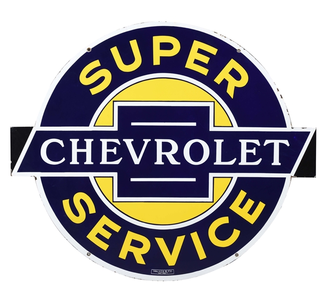 OUTSTANDING CHEVROLET SUPER SERVICE PORCELAIN SIGN WITH BOW TIE GRAPHIC.