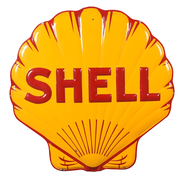 OUTSTANDING SHELL GASOLINE EMBOSSED CLAMSHELL SERVICE STATION SIGN.