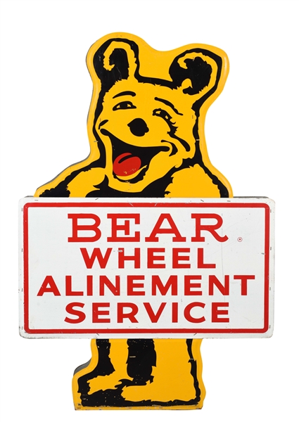 BEAR WHEEL ALIGNMENT SERVICE TIN SIGN WITH BEAR GRAPHIC. 
