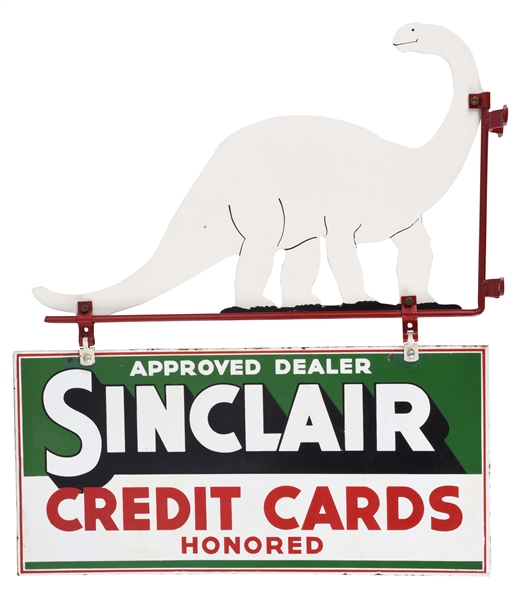 RARE SINCLAIR CREDIT CARDS HONORED PORCELAIN SIGN WITH DINOSAUR TOPPER.