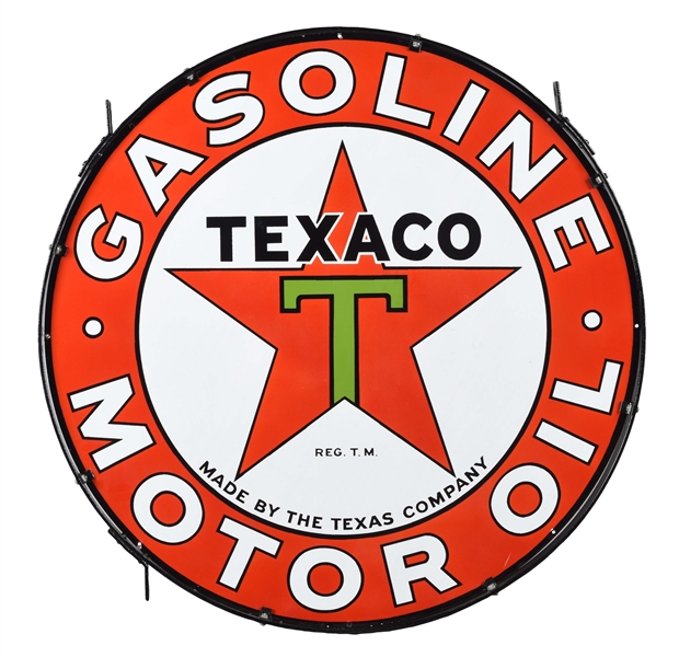 OUTSTANDING NEW OLD STOCK TEXACO GASOLINE & MOTOR OIL PORCELAIN SIGN WITH ORIGINAL RING