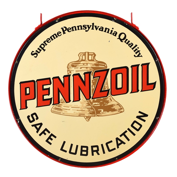 RARE PENNZOIL SAFE LUBRICATION PORCELAIN SIGN WITH BELL GRAPHIC.