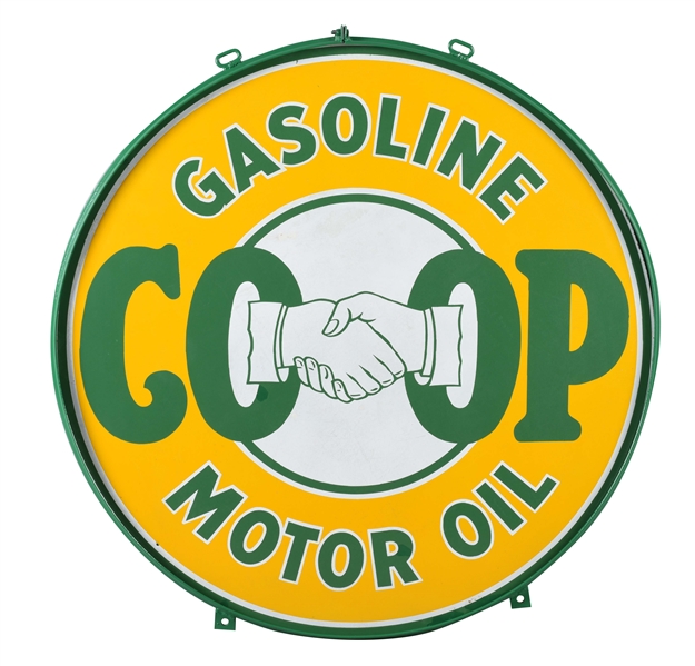 CO OP GASOLINE & MOTOR OIL PORCELAIN SIGN WITH SHAKING HANDS GRAPHIC.