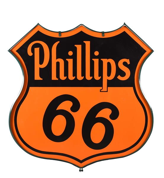 OUTSTANDING PHILLIPS 66 GASOLINE PORCELAIN SIGN WITH ORIGINAL METAL RING.
