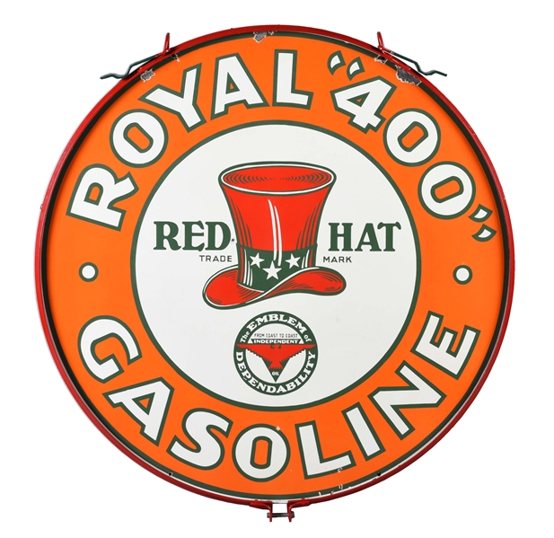 OUTSTANDING RED HAT ROYAL 400 GASOLINE PORCELAIN SIGN WITH RED HAT GRAPHIC.
