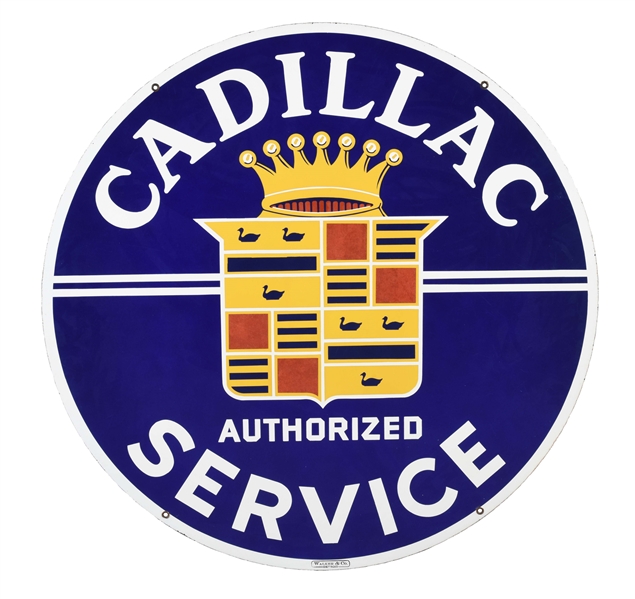 OUTSTANDING CADILLAC AUTHORIZED SERVICE PORCELAIN SIGN WITH CROWN & CREST GRAPHIC.
