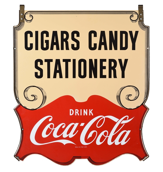 OUTSTANDING COCA COLA CIGARS CANDY & STATIONERY DIE-CUT PORCELAIN SIGN WITH METAL HANGING BRACKETS.