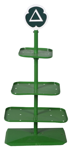 CITIES SERVICE OIL CAN RACK WITH IRON CLOVER LEAF TOPPER.