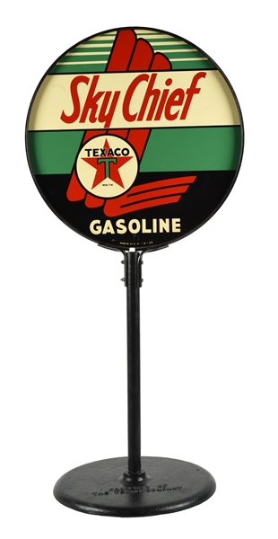 RARE TEXACO SKY CHIEF GASOLINE TIN LOLLIPOP SIGN WITH ORIGINAL TEXAS COMPANY BASE.