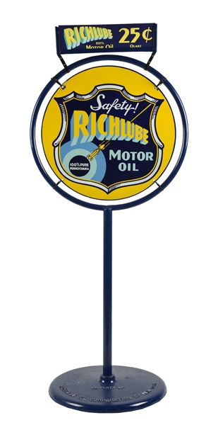 OUTSTANDING RICHLUBE MOTOR OIL PORCELAIN CURB SIGN WITH RACE CAR GRAPHIC. 