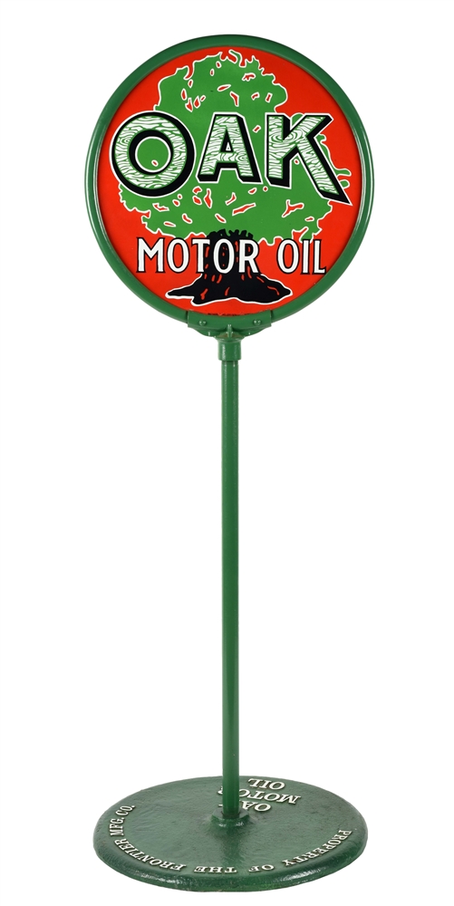 OUTSTANDING OAK MOTOR OIL PORCELAIN LOLLIPOP CURB SIGN WITH OAK TREE GRAPHIC.