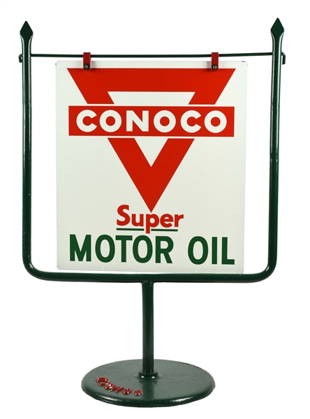 CONOCO SUPER MOTOR OIL PORCELAIN CURB SIGN WITH CONOCO BASE.