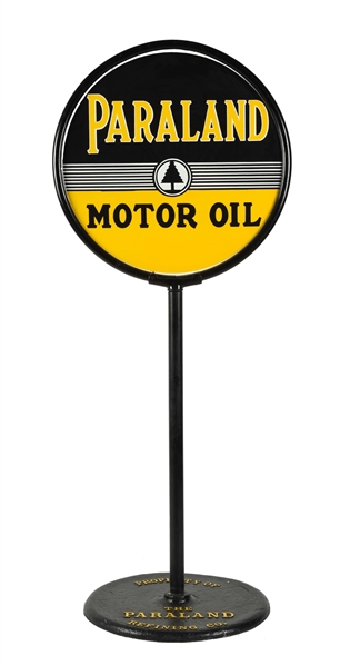 OUTSTANDING PARALAND MOTOR OIL PORCELAIN LOLLIPOP CURB SIGN WITH TREE GRAPHIC.