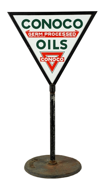 OUTSTANDING CONOCO GERM PROCESSED MOTOR OILS PORCELAIN LOLLIPOP CURB SIGN.