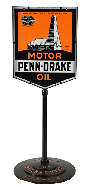 OUTSTANDING PENN DRAKE MOTOR OIL PORCELAIN LOLLIPOP CURB SIGN WITH OIL WELL GRAPHIC.