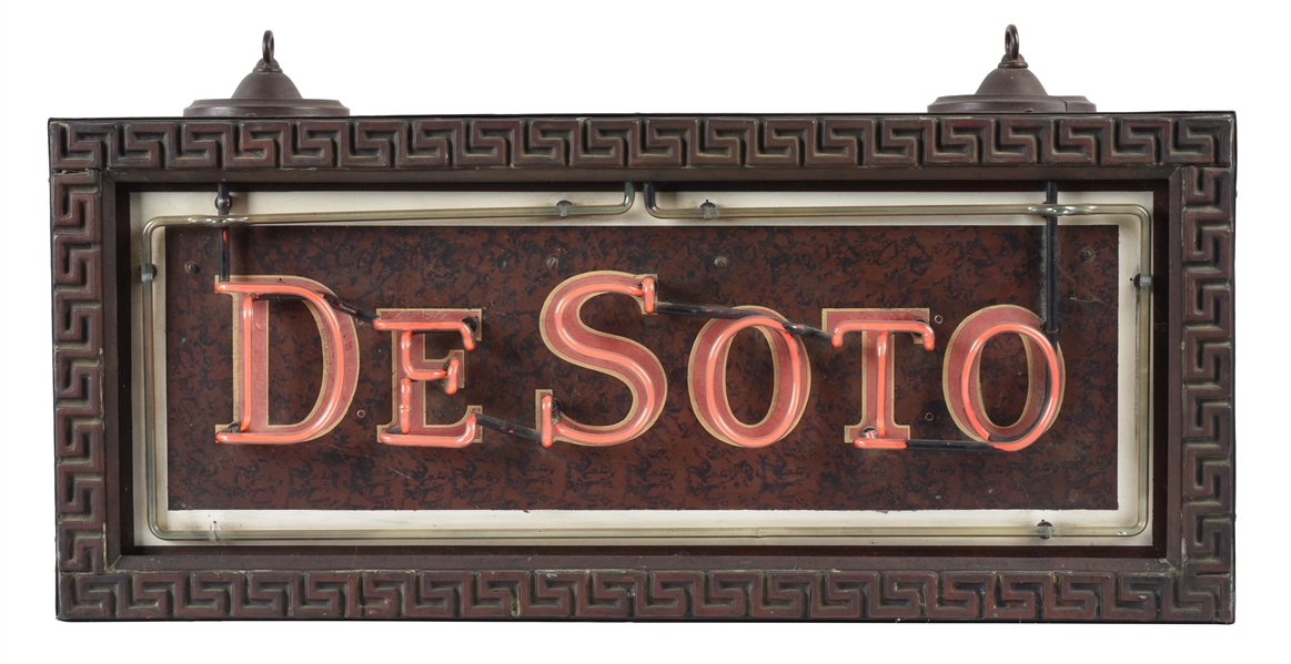 OUTSTANDING DE SOTO MOTOR CARS TWO COLOR NEON SIGN WITH COPPER CAN & FRAME.