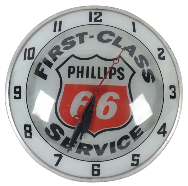 PHILLIPS 66 GASOLINE FIRST CLASS SERVICE ADVERTISING PRODUCTS BUBBLE FACE CLOCK.