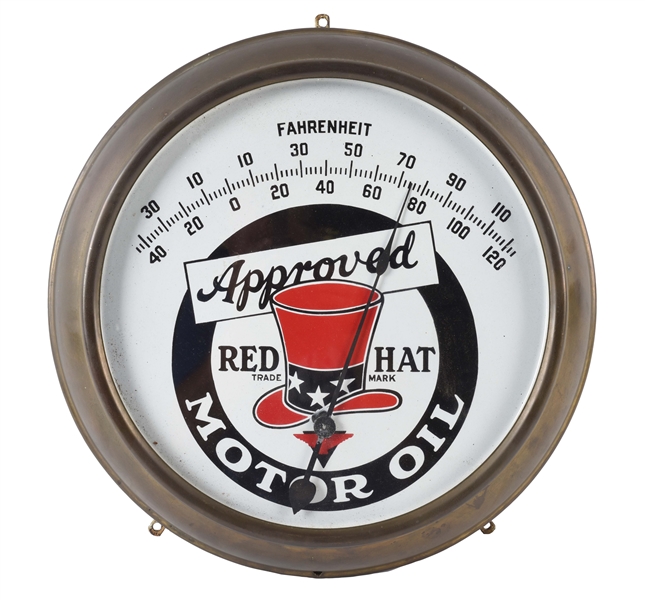 OUTSTANDING RED HAT APPROVED MOTOR OIL PORCELAIN GLASS FACE THERMOMETER.